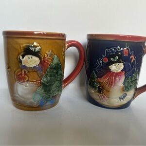 Set Of 2 CHRISTMAS SNOWMAN COFFEE/HOT CHOCOLATE CUP/MUG RAISED DETAIL Stoneware